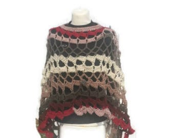 Crochet Poncho Circular Asymmetric Long Shawl Handmade Handcrochet Avant Garde Unbalanced Design