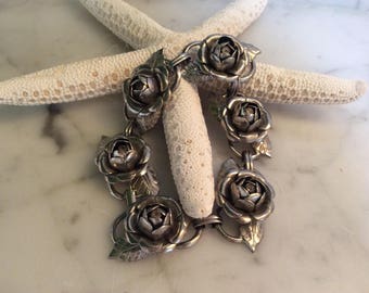 Vintage Rose Metal Silvertone Bracelet
