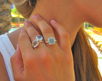Aqua Chalcedony Square Silver Ring - Silver Ring - Stacking Ring