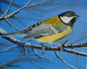mésange charbonnière, peinture à l'huile, oiseaux, nature, art, art animalier