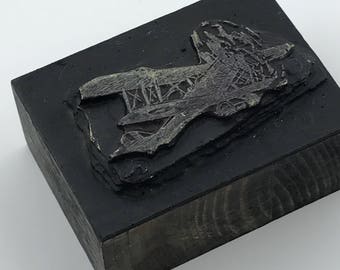 Vintage Wood Advertising Printers Block - Biplane