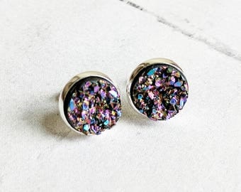 Peacock Druzy Stud Earrings, Hypoallergenic Studs, Druzy Studs, Dark Druzy Studs, Druzy Earrings, Purple Druzy, Blue Druzy, Metallic Earring