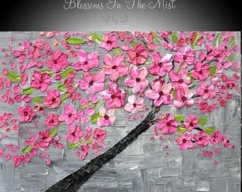 SALE Original Abstract Blossom Tree 3ft x 2ft gallery canvas-Grays,Pinks,Contemporary impasto palette knife painting by Nicolette Vaughan H