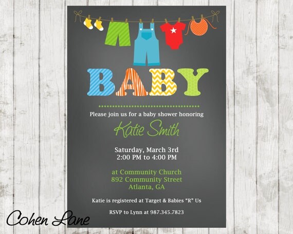 Baby Shower Invitation. Baby Boy Invitation. Baby Boy Shower Invite. Clothesline Boy Invite. Digital Invite. Chalkboard Invite Il_570xn