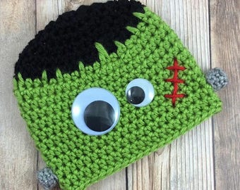 Halloween Baby Hat, Frankenstein Hat, Baby Boy Hat, Crochet Baby Beanie, Frankenstein Costume, Crochet Baby Hat, Baby Halloween Costume