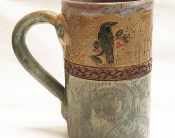 Ceramic raven mug 16oz. stoneware 16D074