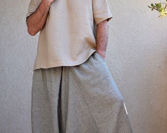 Striped Men's Harem pants with pockets. Drop Crotch, Loose fit, Baggy, Wide leg pants, Mens yoga pants, Sarouel Homme, Gray and Blue strips