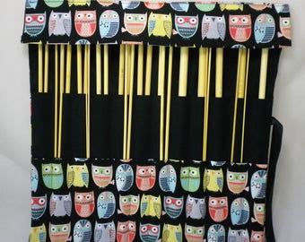 Straight Knitting needle organiser. Knitting needle roll. Owl fabric