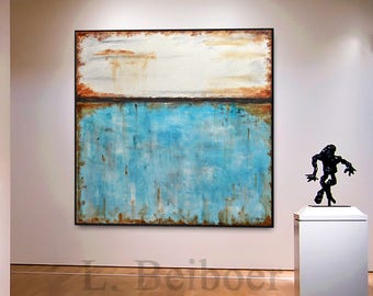 Original Large Square Abstract Painting 48 x 48 white blue Contemporary Art Modern Acrylic Turquoise Painting by L.Beiboer
