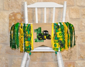 John Deere fabric first birthday highchair rag banner, green & yellow tractor, cake smash photo prop, I am 1 one highchair rag garland