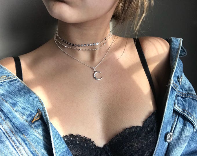 Layered necklace, Silver necklace, layered necklace, choker necklace, dainty necklace, dainty choker, moon necklace, station necklace