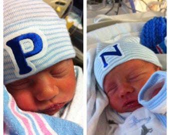 Newborn Hospital Hat for Boys with Initial (Twins)