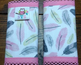 Reversible NEWBORN Car Seat Strap Covers Dreamcatchers Pink and Grey Feathers with Pink Dimple Dot Minky Baby Girl Accessories ITEM #472