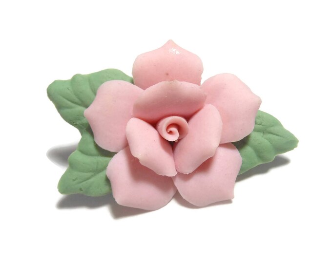 FREE SHIPPING Porcelain rose brooch, pink rose with green leaves, delicate china rose pin, feminine floral brooch
