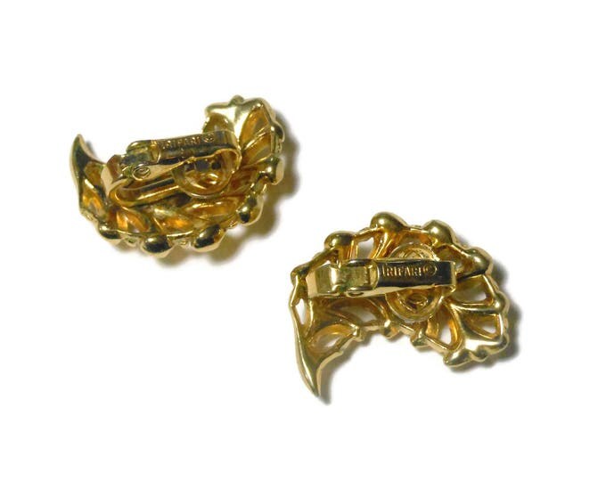 Crown Trifari earrings, 1950s early 60s leaf, gold clip earrings, glossy finish
