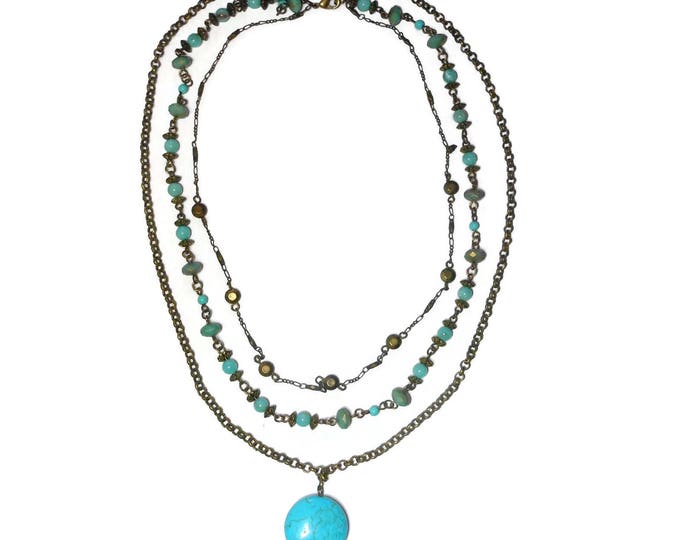 FREE SHIPPING Turquoise 3 strand necklace, dyed howlite magnesite, bronze chains, Boho tribal southwestern, statement light