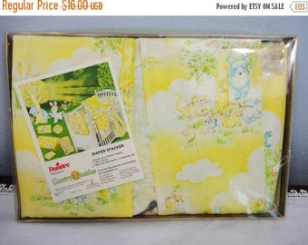 OCTOBER CLEARANCE - Vintage Diaper Stacker by Dundee Yellow Woodland Theme - New Old Stock 1982