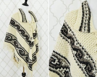 SUMMER SALE Vintage 1970's Boho Poncho - Brown and White Southwestern Style Knitted Cape - Soft Warm Hippy Poncho - ladies size large
