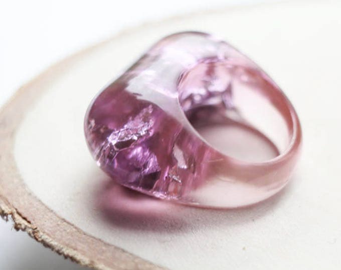 Pink Resin Ring with Silver Flakes, Massive Resin Ring, Stacking Ring, Anniversary Engagement Ring, Valentine's gift for Her, Spring Ring