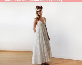 Beach wedding gown, Maxi Lace V-neck beach wedding dress, Minimalist maxi lace bridal gown 1140