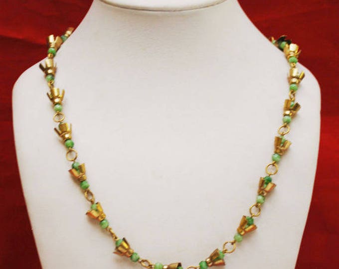 Bead Necklace - Brass Green glass - Art Deco - Boho -Peking Glass beads