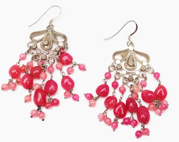 Red Chandalier Earrings - genuine Ruby red gemstone - sterling silver dangle hooks