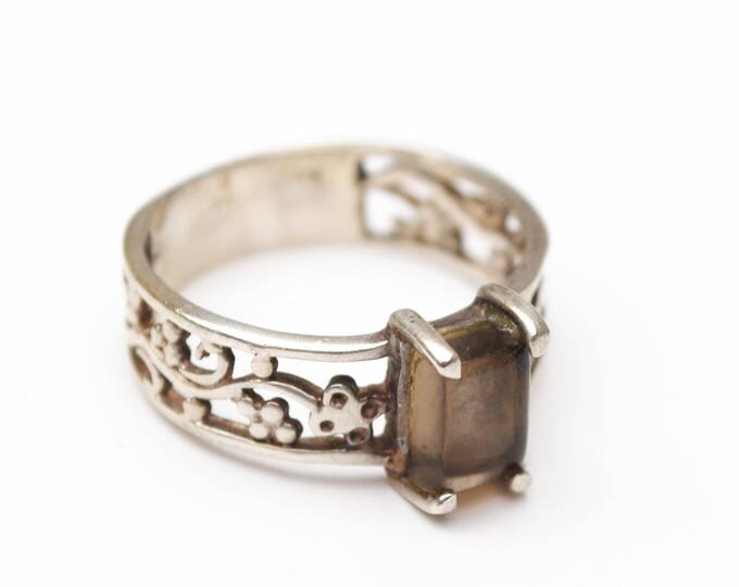 Sterling silver Ring - Orthoglaze Gemstone - Transparent Brown Grey feldspar - crystal - ring size 8