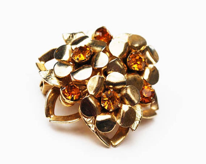 Coro Rhinestone Brooch - Amber orange Glass - Layerd domed - Flower Floral - Atomic - mid Century pin