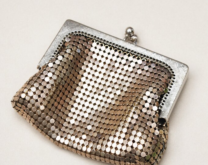 Silver Mesh Change Purse -Whiting and Davis signed - small silver metal clutch - coin pouch