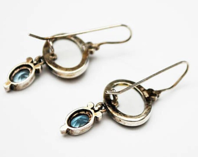 Abalone Sterling dangle Earrings- Blue open back glass - Drop pierced earrings