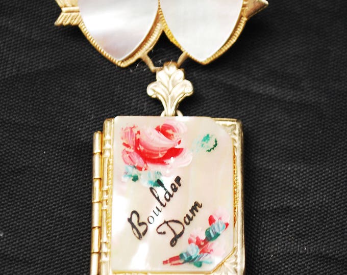 Book Locket Necklace - Mother of Pearl MOP - gold book locket - Boulder dam - Souvenir locket