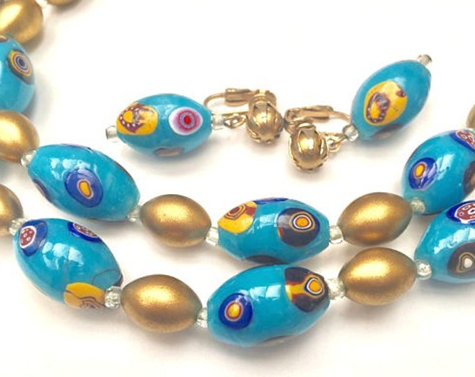 Hobe Bead Necklace and Earring set - Blue yellow gold - glass Beads - double strand - Clip on earrings