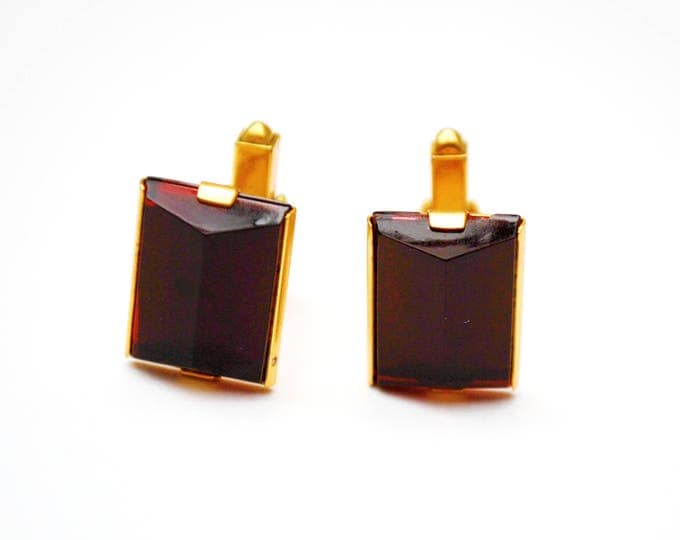 Red Lucite cuff link -gold metal - Mid century - Rectangle plastic - Mens cufflinks