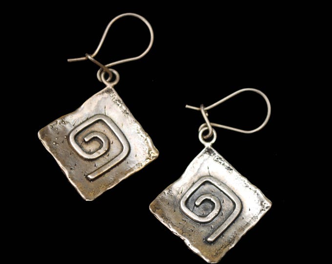 Sterling Silver Dangle Earrings - Hammer Square - modernistic swirl earring