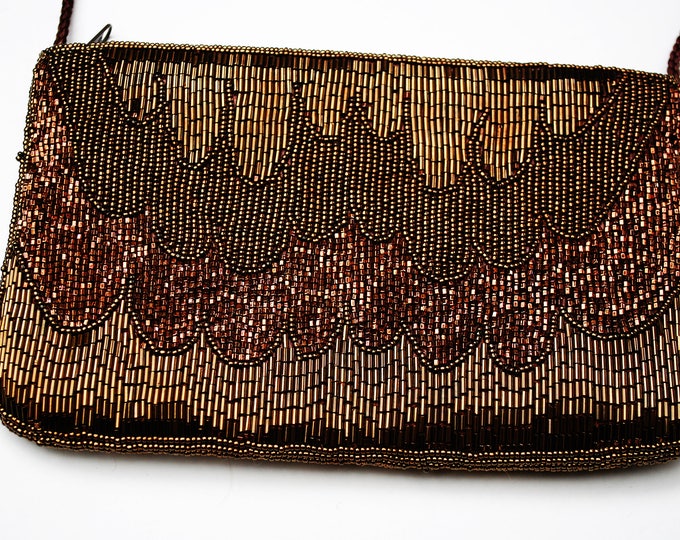 Brown Carla Marchi Beaded Evening Bag - Brass Clutch purse - Seguence