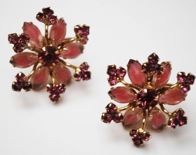 Pink rhinestone flower earrings - Signed Continental - Pink Givre Glass - gold metal - screw back earrings