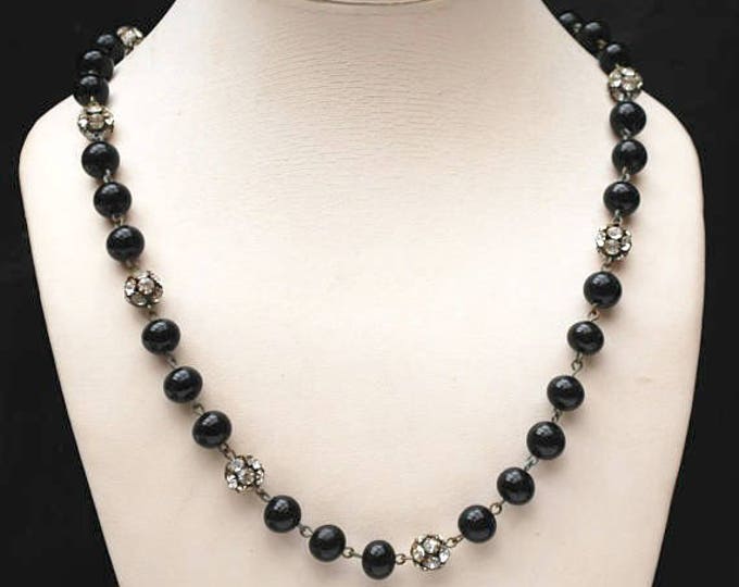 Black Glass bead Necklace - Rhinestone Rondelle - vintage silver crystal beads - 25 inches