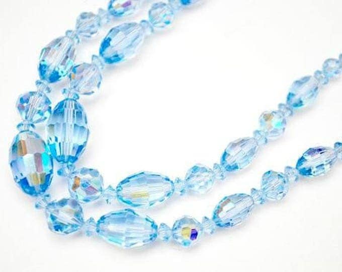 Graduated Bead Necklace - Light Blue facet cut crystal - Glass Beads - Rhinestone clasp