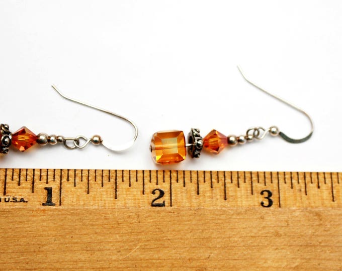 Sterling orange cube dangle earrings - orange crystal glass - drop earring