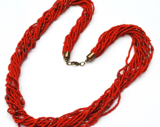 Orange Bead necklace - Multi strand Torsade - Glass cite plastic beads