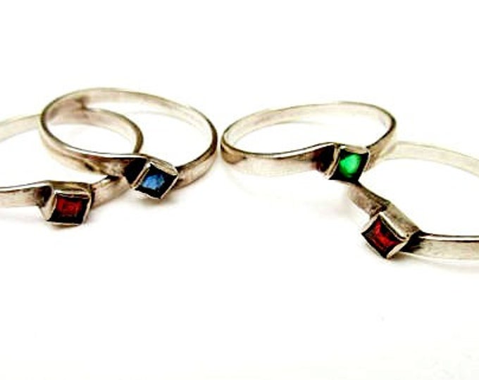 Sterling Stacking Rings set - gemstone Red Ruby,garnet ,Ruby,Green Emerald and blue spinel - Boho 4 ring collection - size 9
