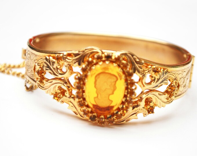 Intagio Cameo - Amber yellow orange glass - Reposse Gold Bangle - Victorian Revival - vintage gold plated Hinged bracelet - safety chain