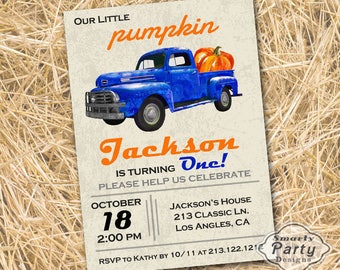Pumpkin Birthday Invitation - Fall Autumn 1st Birthday Invitation - Pumpkin Patch Blue Truck Printable Personalized 4 x 6 or 5 x 7
