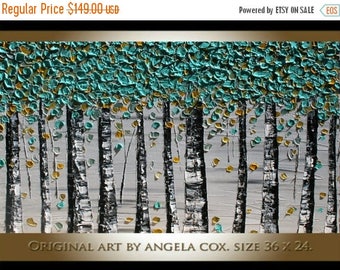 SALE Original Mint Mustard Trees GLandscape Fine Art Impasto Painting. Size 36 x 24