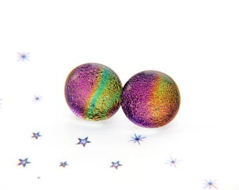 Purple green fused glass dichroic chip Stud Earrings