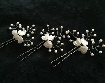 3 Off White/ Ivory Bridal Vine Silver Pearl Hair Pins, Wedding Hair Accessories, Wedding Prom Headpiece