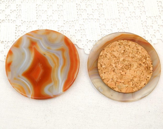 Vintage 6 Round Onyx / Agate Orange and White Polished Stone Drinks Coasters with Stacking Rack, Retro Home Interior, Entertaining, Barware Vintage 6 Round Onyx / Agate Orange and White Polished Stone Drinks Coasters with Stacking Rack, Retro Home Interior, Entertaining, Barware
