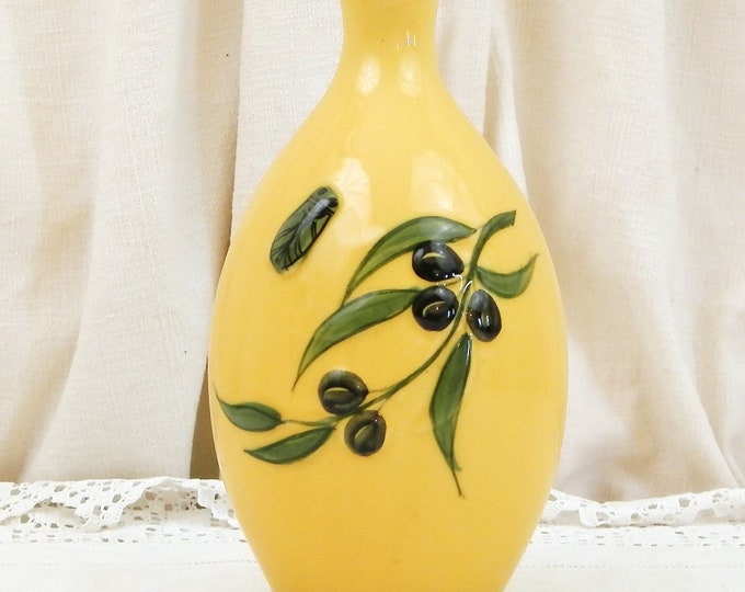 Vintage French Ceramic Yellow Provencals Mediterranean Olive Oil Bottle Branch and Cicada Pattern, Traditional Pottery South of France