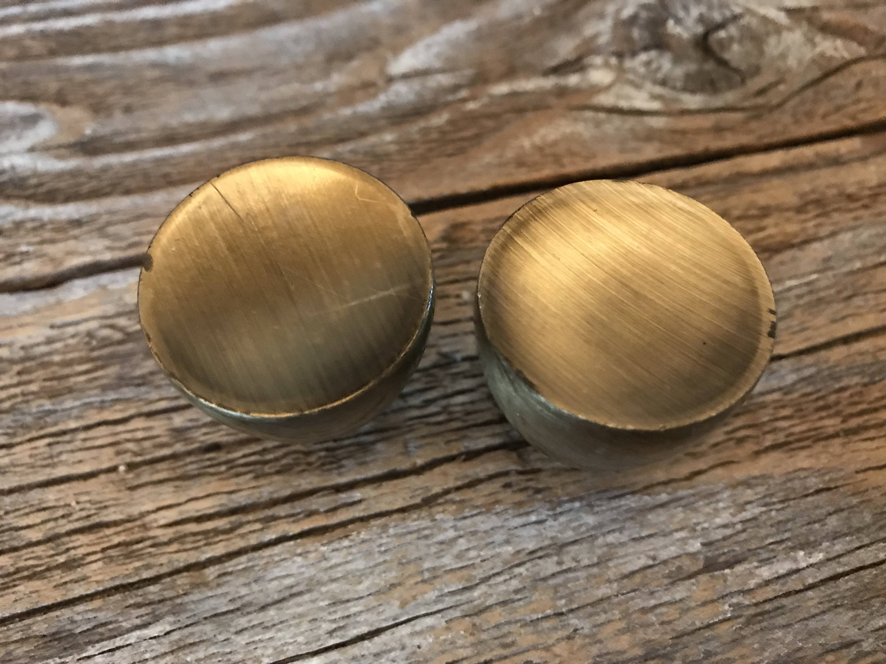 2 Vintage Mid Century Round Antique Gold Metal KnobsPulls,