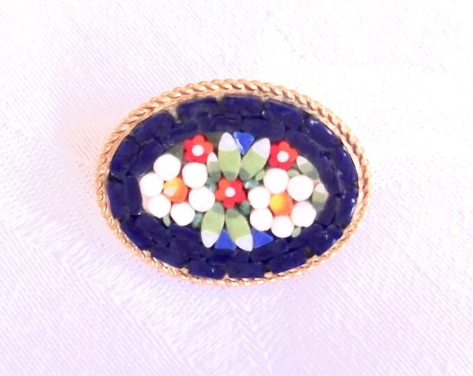 Vintage Micromosaic Brooch, Cobalt Blue Floral Micromosaic Pin, Italy